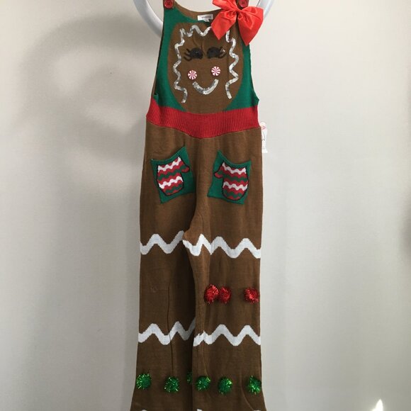 NWT EYESHADOW Gingerbread Woman Cookie Peppermint Mitten Christmas Knit Overalls - Picture 4 of 16